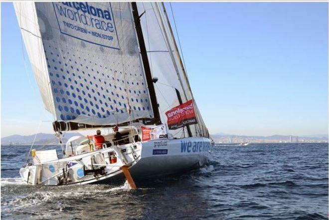 We Are Water - skippers Bruno and Willy Garcia crossing the finish line in fifth place - Barcelona World Race 2015 ©  Mireia Perello